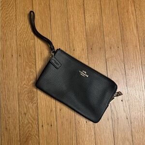 Coach Black Leather Wristlet with Gold Accents